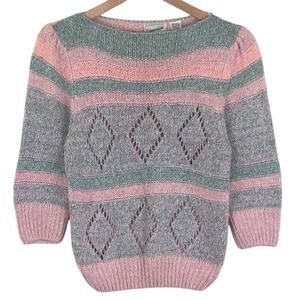VTG 80s COMPATIBLE Silk Angora Blend Sweater Juniors Sz L 32" Pink Grey Retro